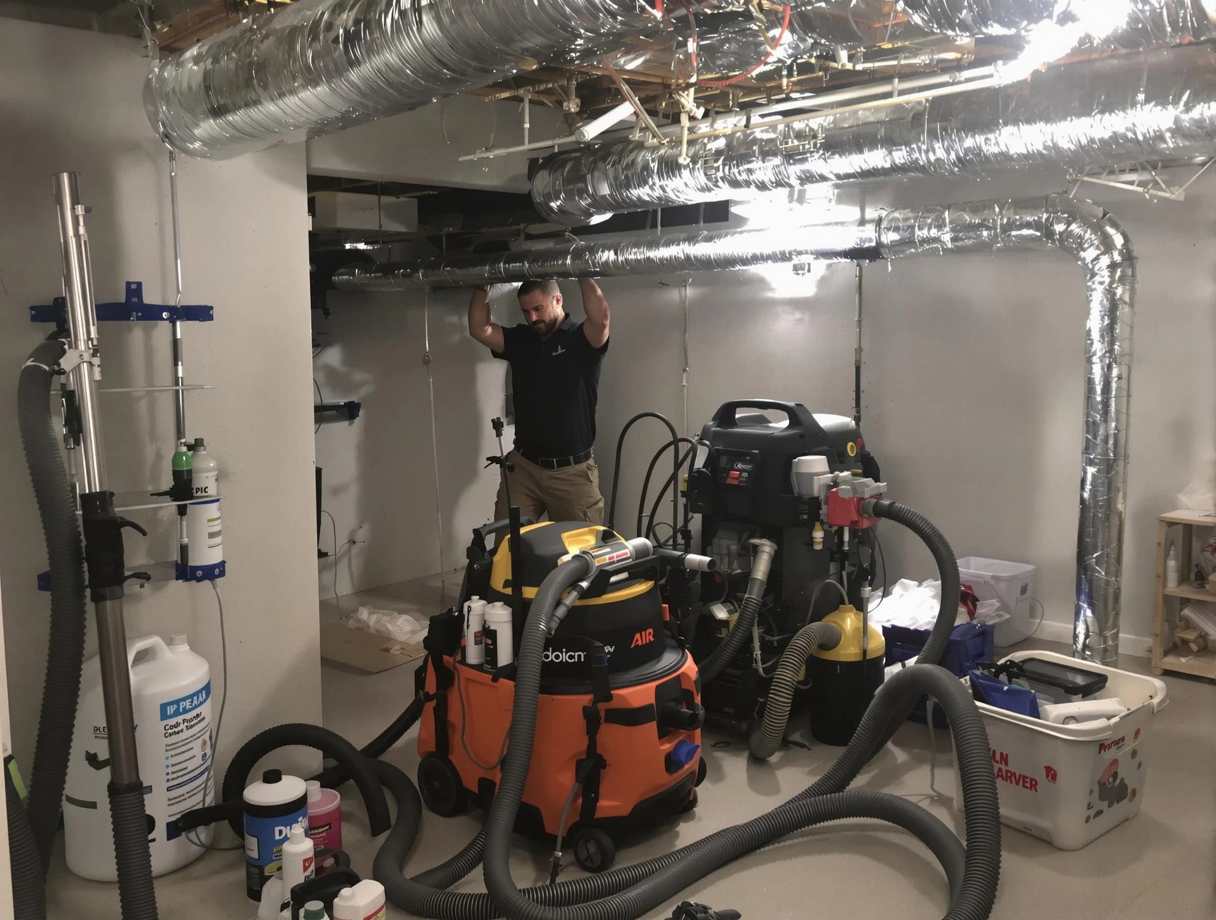 Chartiers Air Duct Cleaning specialist performing professional mold removal from air ducts using safety equipment in Chartiers